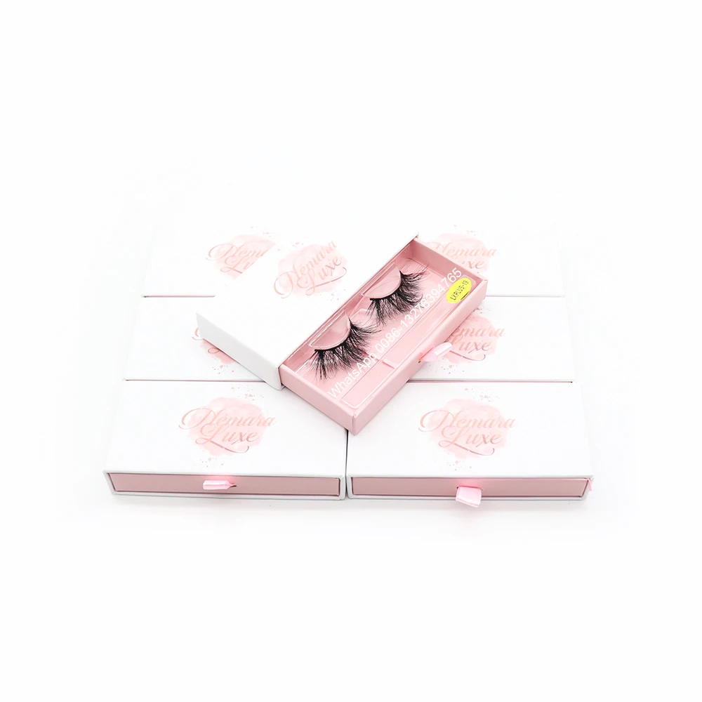 

Baby Pink Drawer Eyelash Package Wholesale 25mm Long Mink Eyelashes Custom Lashbox Packaging Case Free Plastic Tray Girl Makeup