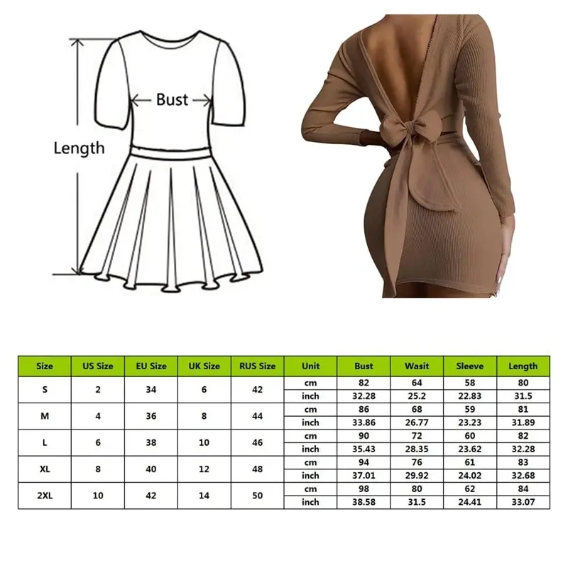 

Women Solid Color Dress Backless Bow Wrap Bodycon Low Cut Sexy Dress Women Long Sleeve Mini Party Dress