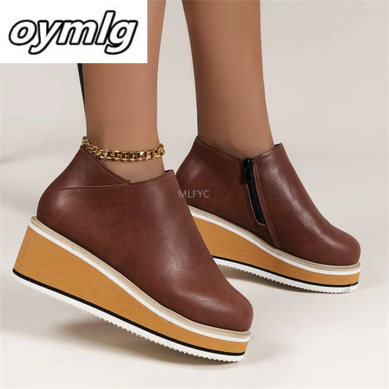 

Женские ботильоны на танкетке большого размера, новинка осень-зима 2021, ботинки на плоской подошве с боковой молнией и закрытым носком