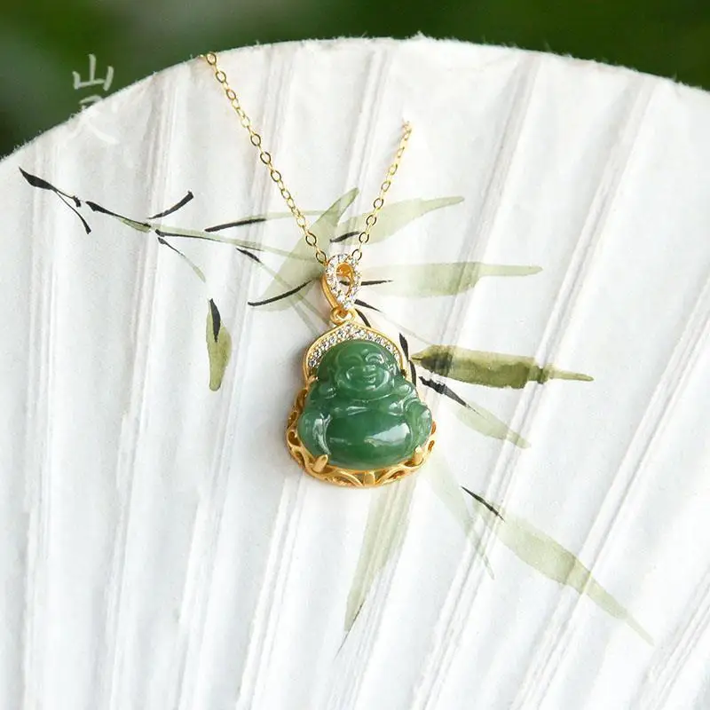 

Retreat Natural Hetian Jade Green Jade Small Buddha Pendant S925 Sterling Silver Chain Classical Temperament Safe to Give Mom