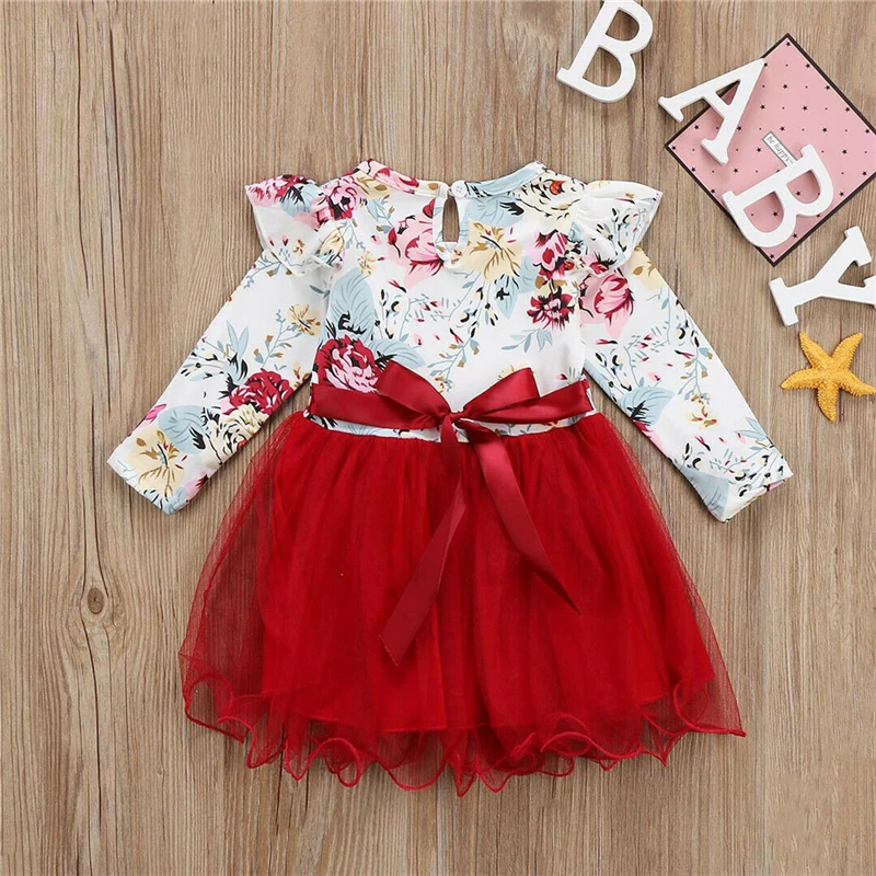 Sweet Toddler Kid Baby Girl princess Dress Newborn Autumn Floral Ruffle Long Sleeve Tulle Tutu Red Patchwork 1-4T | Детская одежда и