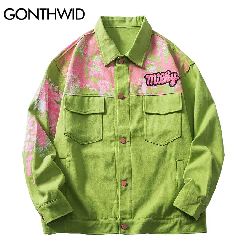 Куртка GONTHWID уличная в стиле хип хоп зеленый пиджак с принтом граффити и краской