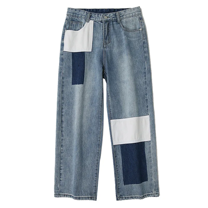 Men Jeans Patchwork Trendy Panelled Loose Leisure Chic Males Denim Straight Punk All-match Retro Trousers Baggy Cowboy Students