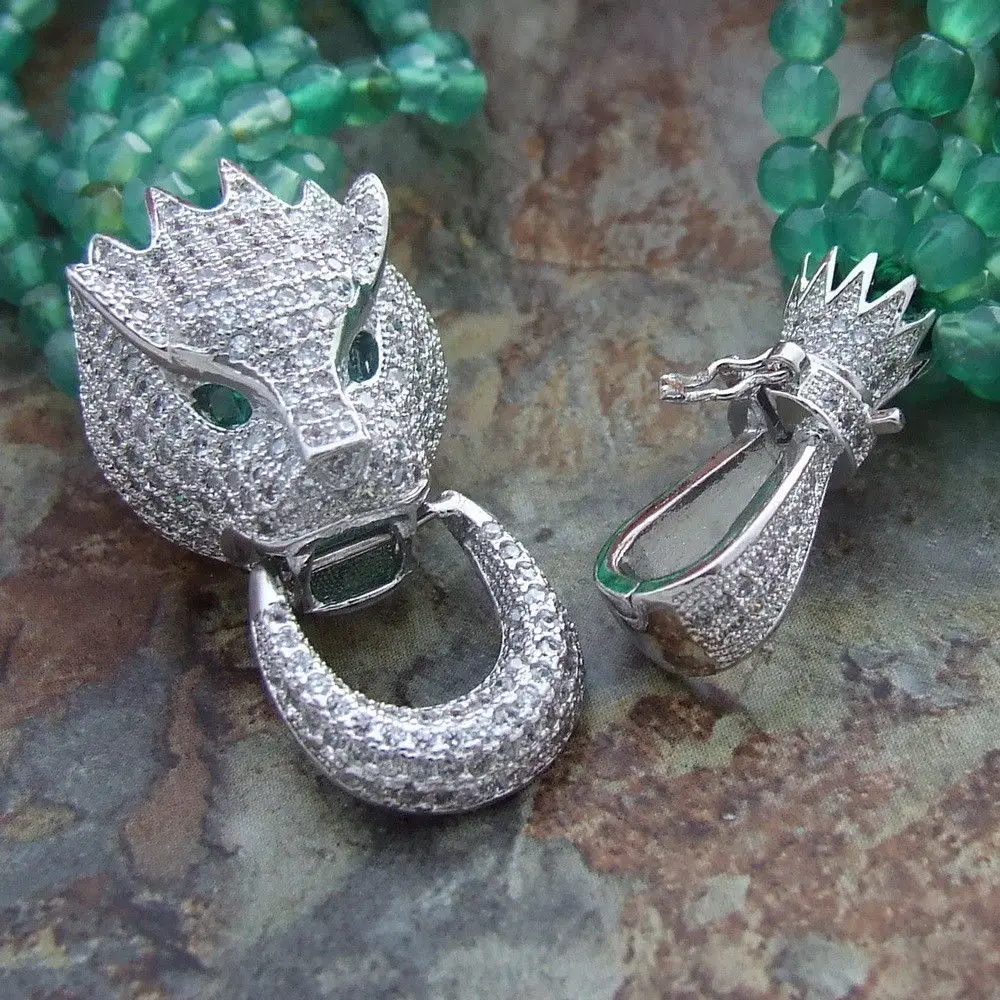 

NEW NATURAL CZ LEOPARD HEAD CLASP FACETED ROUND GREEN STONE 9 STRDS 8" BRACELET 20CM
