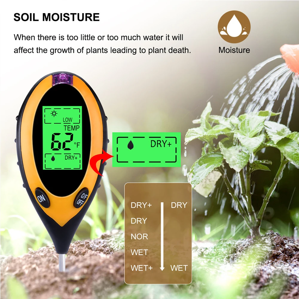 

4 In 1 Digital PH Meter Soil Moisture Monitor Meter Temperature Sunlight Intensity Measurement Analysis Acidity Alkali Tool