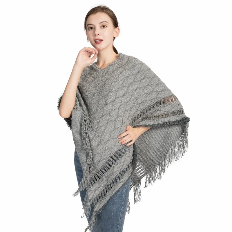 

Fashion Knitted Sweater Argyle Women Capes Ponchos Pullover Tassel Cloak Elegant Shawl Autumn Winter Women Lady Scarf