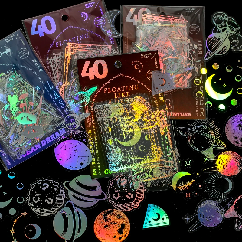 

40pcs Universe ocean laser Stickers Coated Paper Hot Stamping Gold Sticker Pack Handbook Material DIY Decorative Stickers