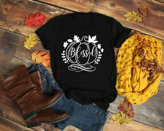 

Blessed T Shirt Thanksgiving Shirt Womens Graphic Tee Fall Autumn Halloween pumpkin grunge graphic tops gift girl tshirt- L021
