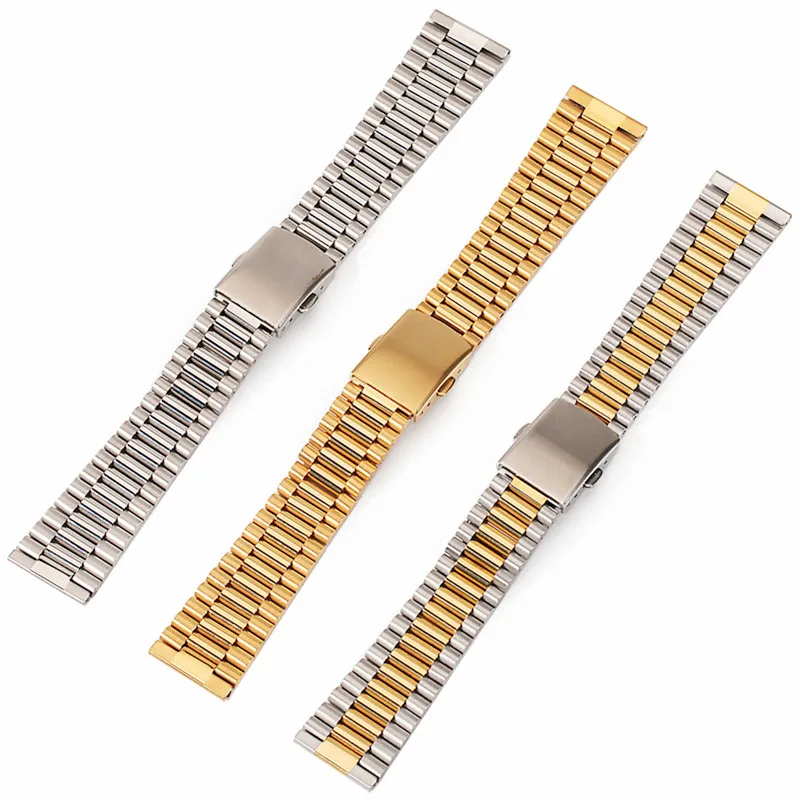 Luxury 12/14/16/18/20mm Solid Link Stainless Steel Watch Band 24mm Folding Clasp Safety Watches Strap Bracelet Replacement