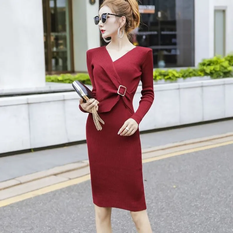 

2021autumn winter Knitted dress women's v-neck cross fold square buttons European and American style sexy knitted dress