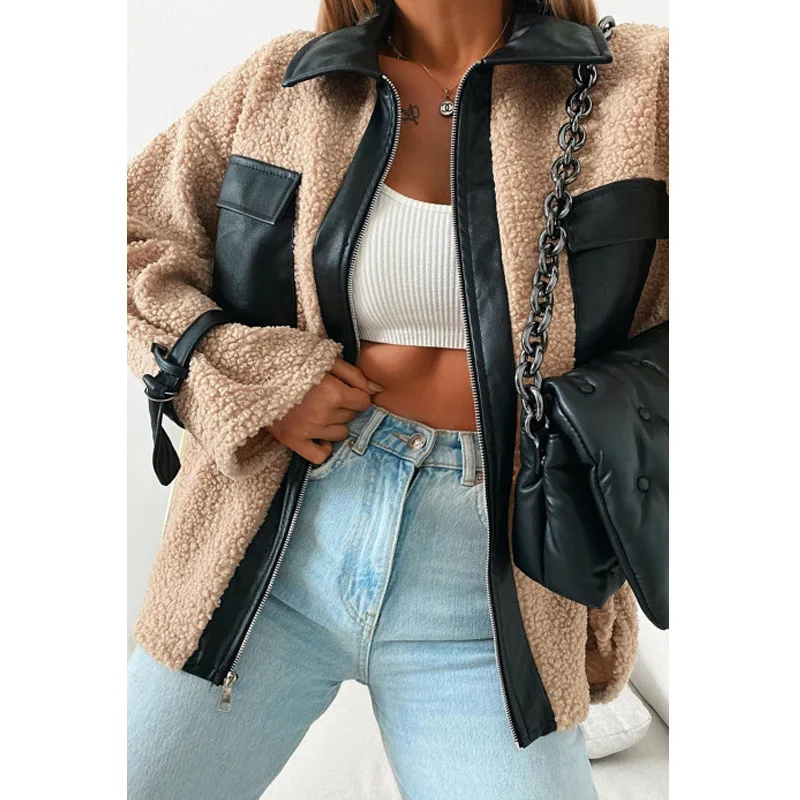 

Fashion Pu Pocket Woman Faux Fur Lamb Wool Stitching To Keep Warm Faux Fur Women Winter Contrast Color Long Sleeve Women's Coat