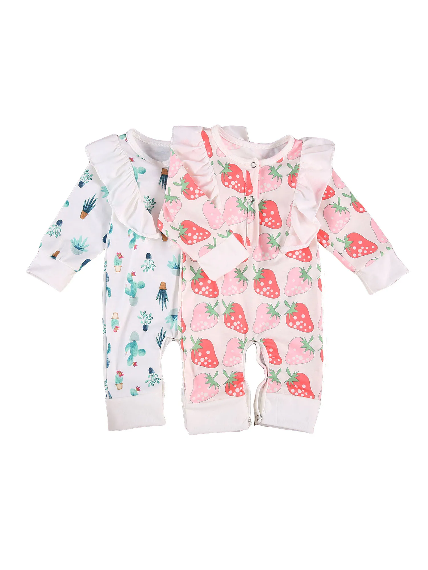 

2020 Autumn 0-24M Newborn Baby Girl Long Sleeve Romper Cute Strawberry Pattern Irregular Ruffle Decoration Soft Cotton Playsuit