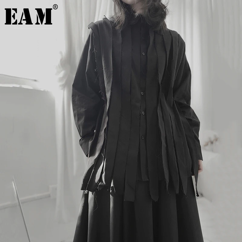 [EAM] Женская черная блузка с разрезом из ленты большого размера новая свободная