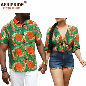 Одежда для пары в африканском стиле женский короткий топ джинсовые шорты комплект из 2 предметов мужская приталенная рубашка с коротким рукавом Блузка подходит к принту A20C006