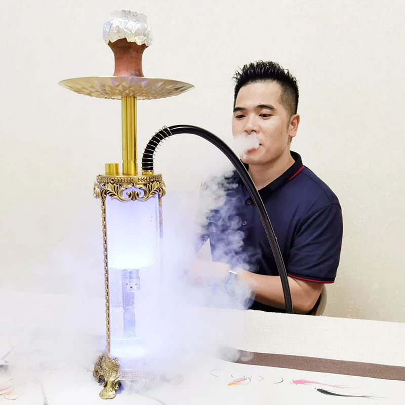 

High End Retro Design Brass Base With Light Glass Bottle Single Pipe Hookah Ceramic Bowl Hookah Spring Personal Gifts Shisha Set