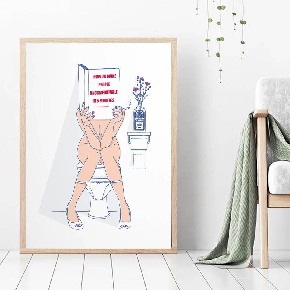 

Funny Poster, Canvas Print, Smoking Woman on the Toilet Painting, Nude Woman Reading, Minimalist Wall Art Picture,Modern Fashion