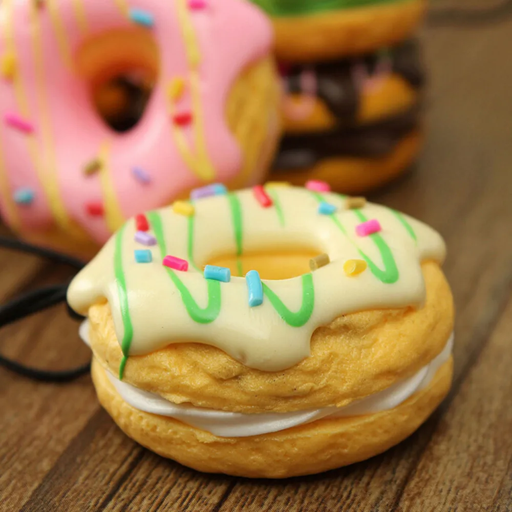 1PC PU Cute Key Colorful Soft Kawaii Squishy Chain Straps Donuts Charms Cell Phone Straps Keychain Random Color