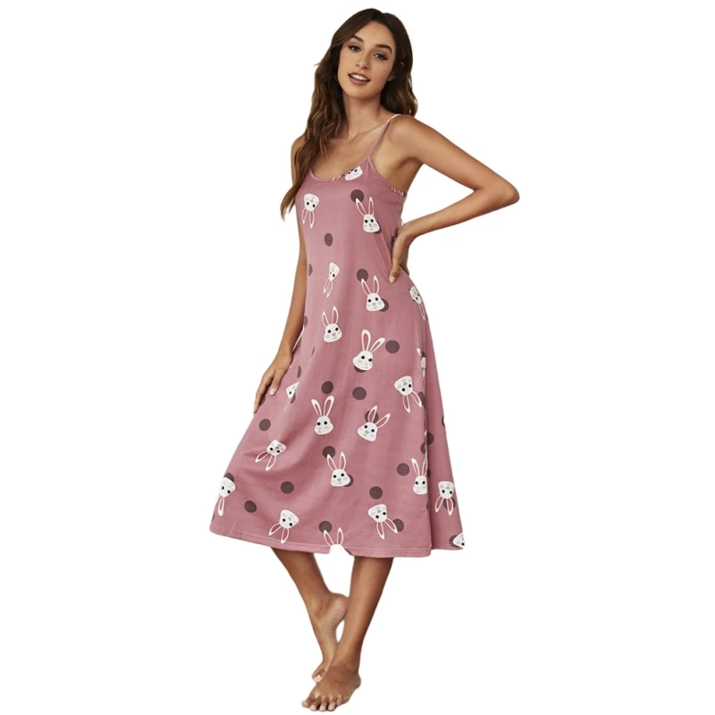 

Women Nightgown Cute Cartoon Rabbit Sleepwear Summer Print Sleeveless Nightshirt Loose Chemise Loungewear Summer