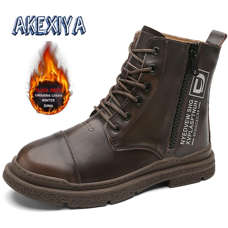 

Зимние мужские ботинки, плюшевые теплые мужские зимние ботинки, мужские водонепроницаемые ботинки из натуральной кожи, оригинальные мотоц...