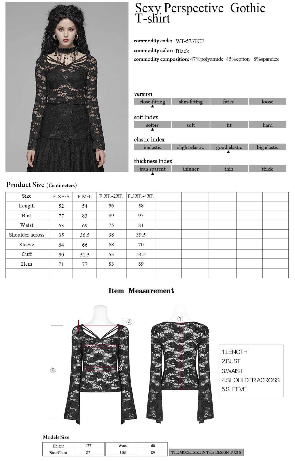 

PUNKRAVE Women's Gothic Sexy Perspective T-shirt Slimming V Collar Elastic Lace Club Party Long Sleeve Tees Top