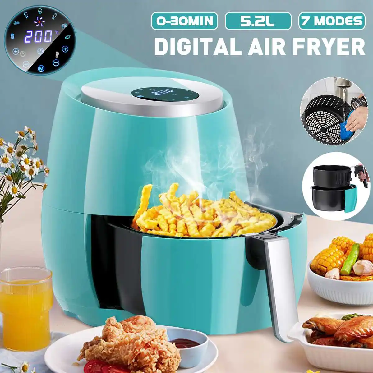 

1400W 5.2L Air Fryer Chicken Oil free Air Fryer Touch Screen Digital Thermostat Temperature Control Electric Deep Airfryer