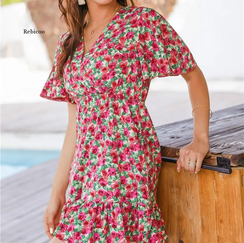 

Sexy V-Neck Women Dress Bohemian Ruffles Floral Print Sundress Holiday Short Sleeve Summer Beach Female Mini Dresses