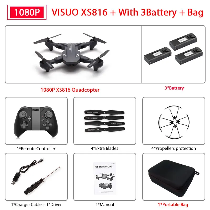 1080P 3B with case Визуализации XS816 беспилотный летательный аппарат для контроля уровня сахара в крови с 50 раз зум Wi-Fi FPV 1080P или 4K двойной Камера оптического потока Квадрокоптер складной селфи Дрон VS SG106 - Цвет: 1080P 3B with case