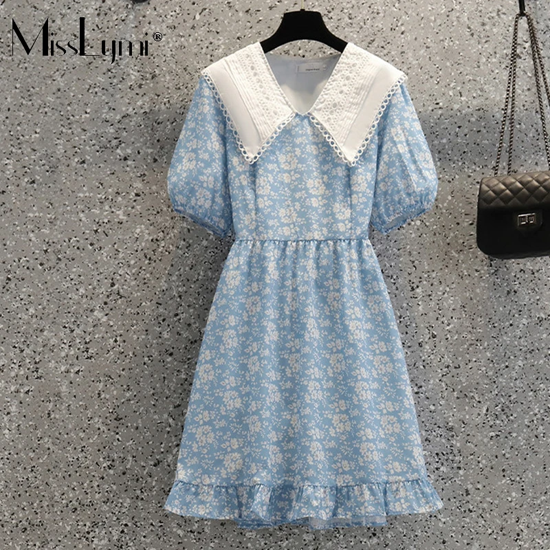 

Plus Size Women Sweet Lace Peter Pan Collar Floral Dress Summer 2021 French Short Sleeve Flowers Print Ladies Ruffle Mini Dress
