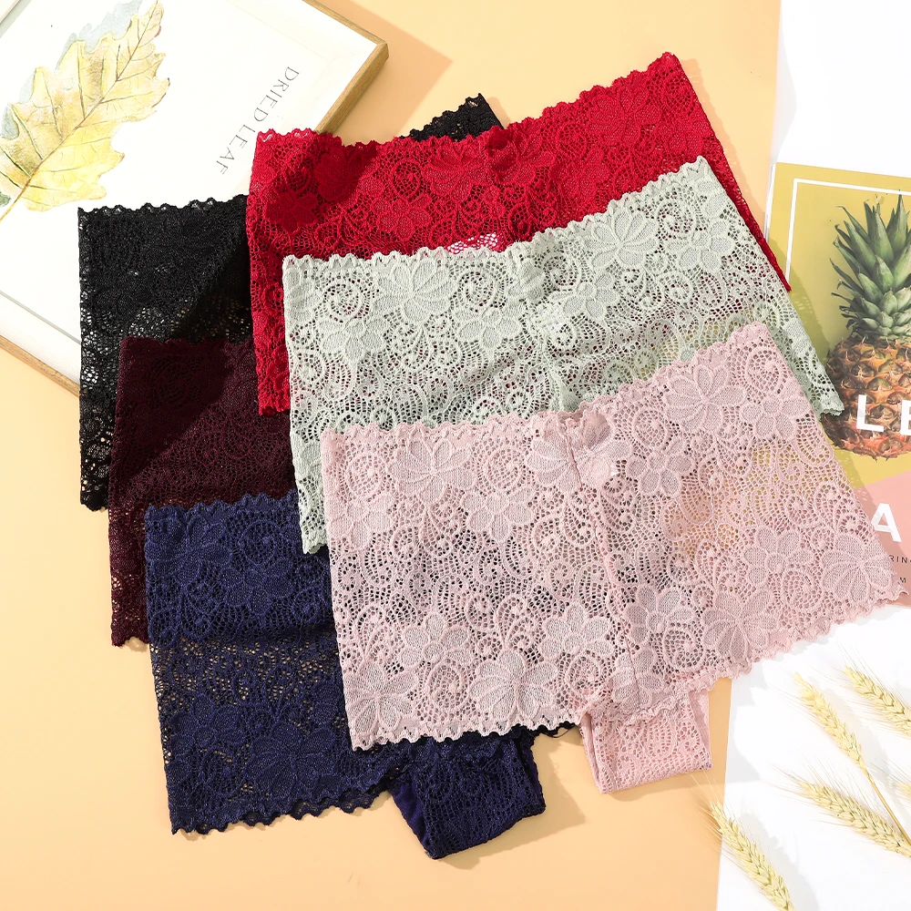 

Solid Color Flower Lace Boxer Briefs Hollow Breathable Women's Panties Thin Sexy Cute Underwear