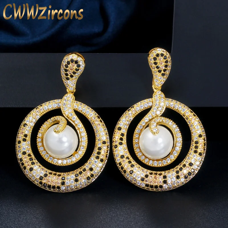 

CWWZircons Snake Pattern 585 Yellow Gold Plated Luxury Cubic Zirconia Big Long Bridal Wedding Pearl Drop Earring for Women CZ633