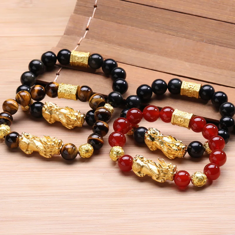 Браслет из бусин натурального камня для мужчин с аллювиальным золотым