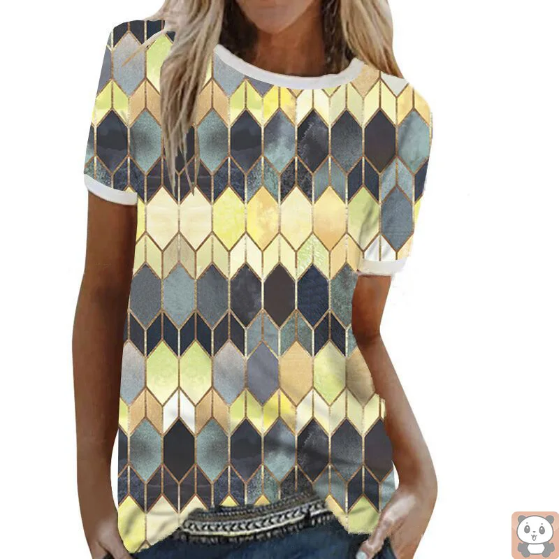 

2021 plus Size Women's round Neck Hot T-shirt Geometric Pattern Printed Top Patchwork Short-Sleeved T-shirt Women