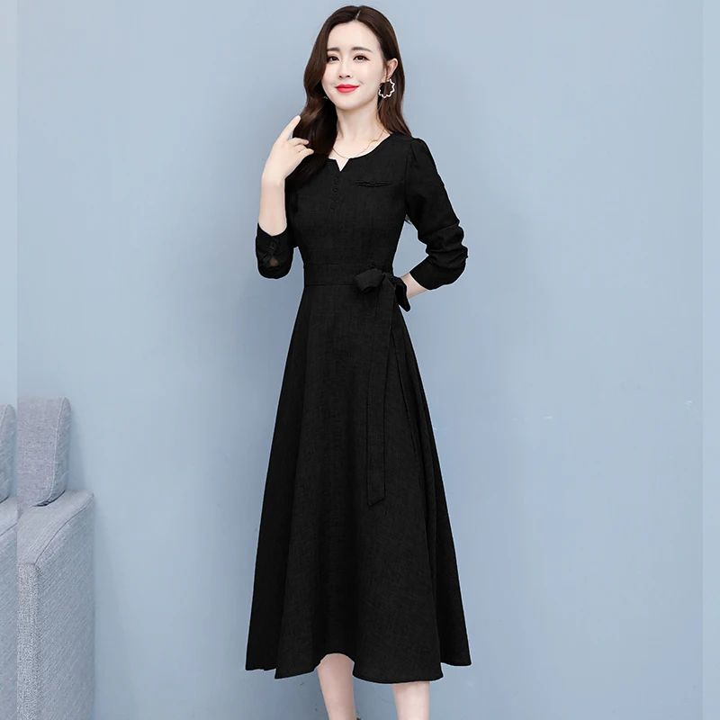 

2021 Vintage Solid Cotton Linen Solid Midi Dresses Spring Winter New 3XL Plus Size Black Dress Women Bodycon Party Red Vestidos