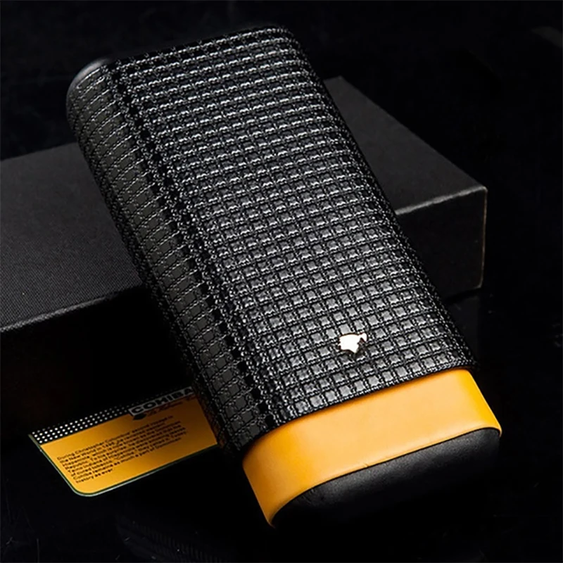 

COHIBA Black Leather Cigar Case Cedar Wood Tube Holder Portable Travel Cigar Humidor Box Holds 3 Cigars