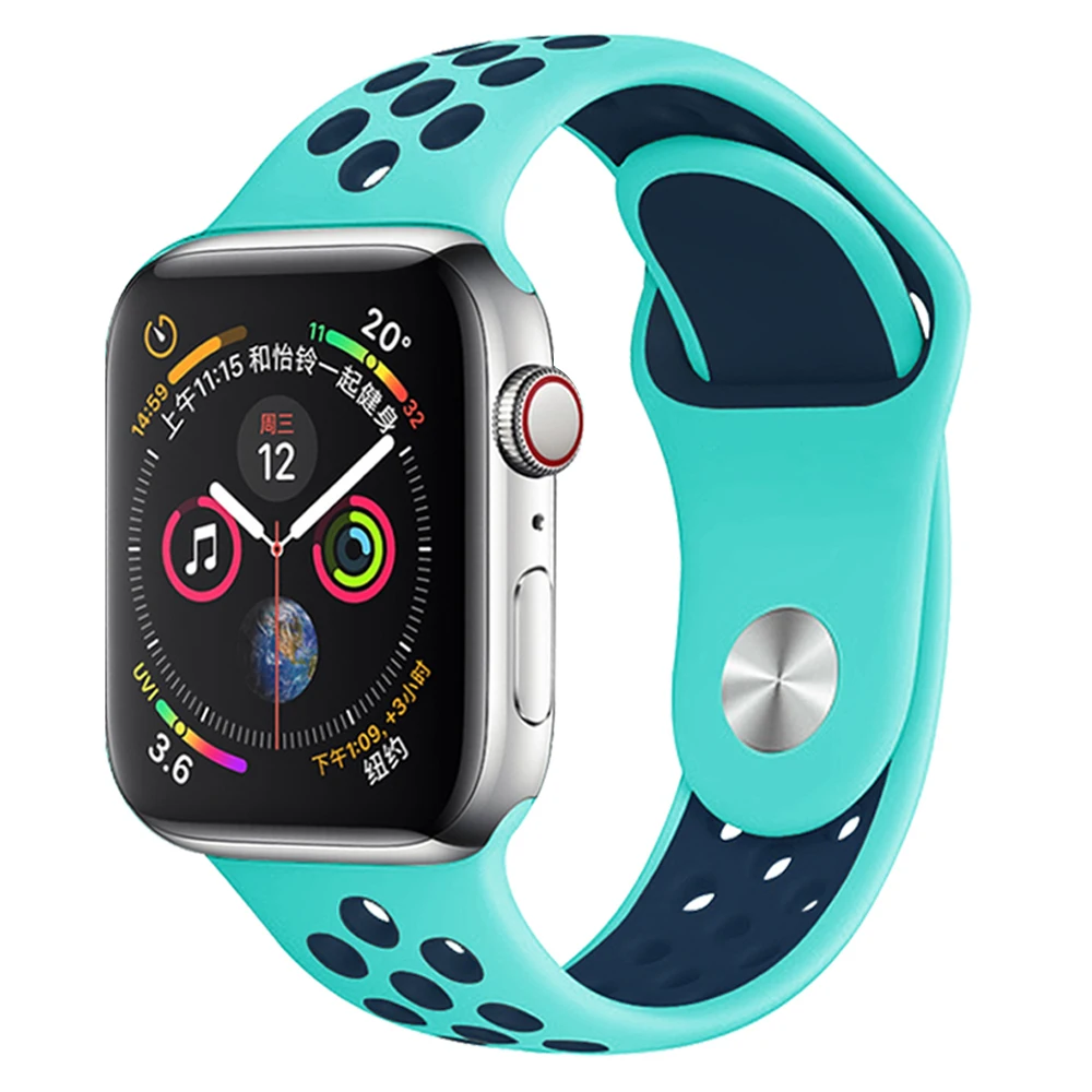 Mint green with blue Мягкий силиконовый сменный спортивный ремешок для Apple Watch, 38 мм, 40 мм, серия 1, 2, 3, 4, 5, 42 мм, 44 мм, браслет на запястье, ремешок для iWatch Sports - Цвет ремешка: Mint green with blue