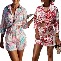 2 pcs women summer printed outfits adults button down long sleeve lapel shirt shorts with pocket