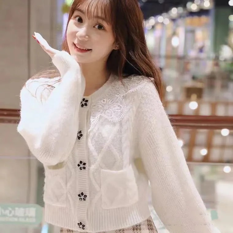 

Early Spring New Lace Collar Crystal Decoration Versatile Slim Cardigan