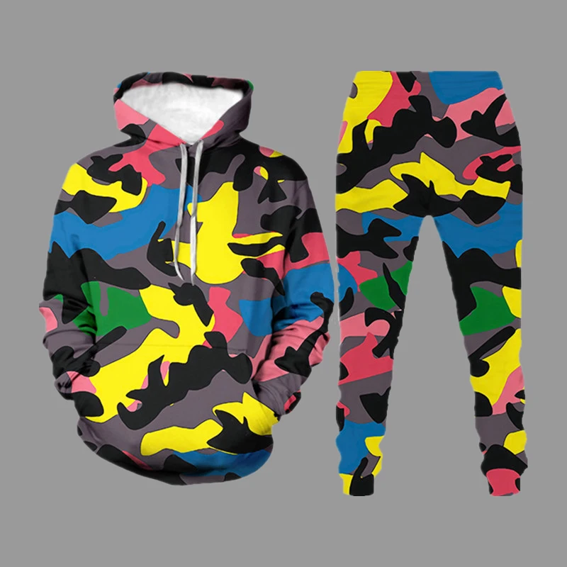 Autumn Trendy Hoodie Sweatshirt Suit Camouflage Men's Sport Training Outfits Sets Long Sleeve Tops and Pants Matching Clothing