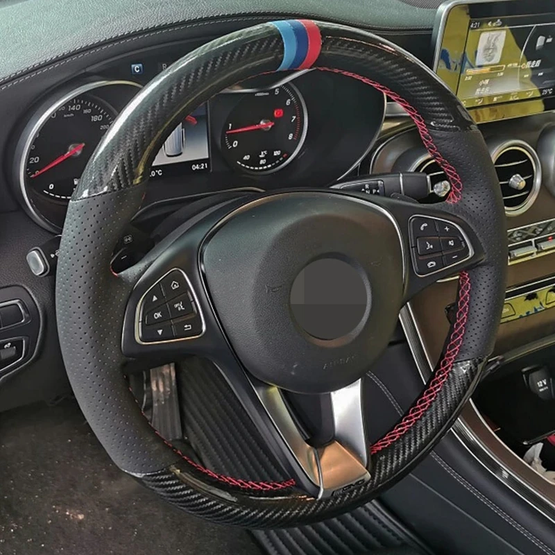 

Car Steering Wheel Cover DIY Non-slip Black Genuine Leather Carbon Fiber For Mercedes-Benz W176 A180 A200 B180 B200