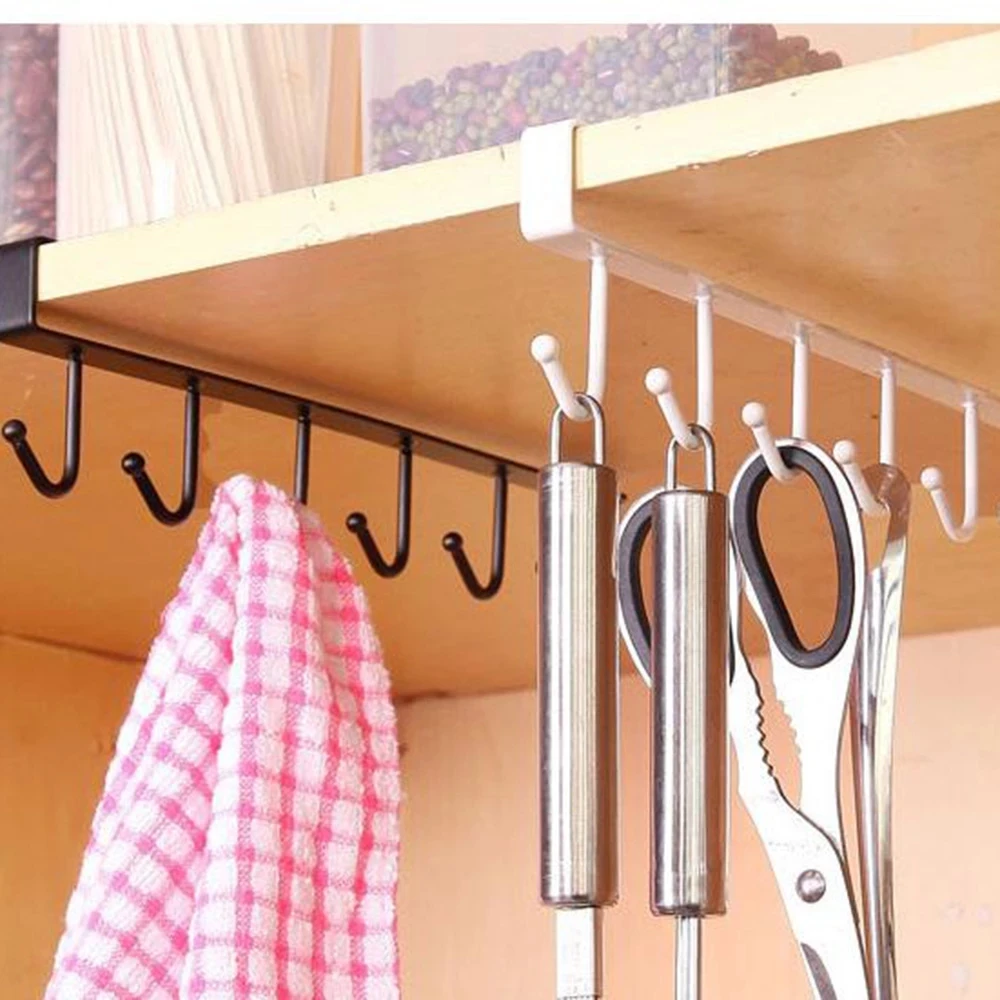 

Kitchen Storage Rack 6 Hooks Metal Under Shelf Mug Cup Cupboard Kitchen Organizer Hanging Rack Holder Closet Clothes Shelf