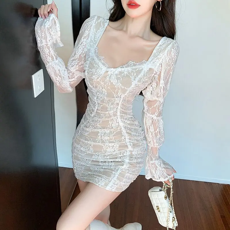 

2022 Vintage Square Collar Lace Mini Dress Women Korean Fashion Slim hip wrap Ladies Sexy Short Party Dresses Female Vestidos
