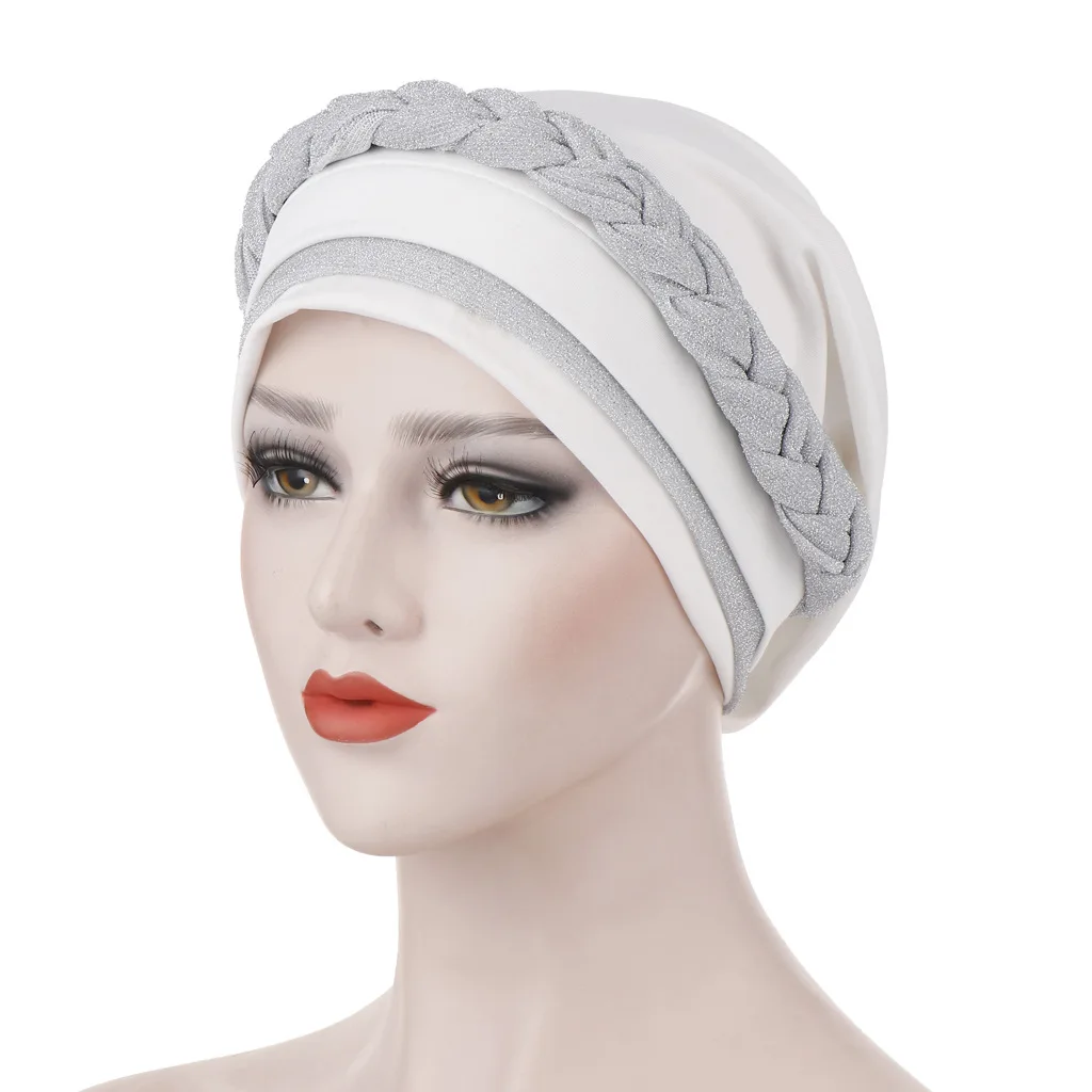 

New Silky Bright Silk Braided Turban Hat Women Islamic Inner Hijab Caps Muslim Headscarf Chemo Headwrap Beanies Hair Accessories
