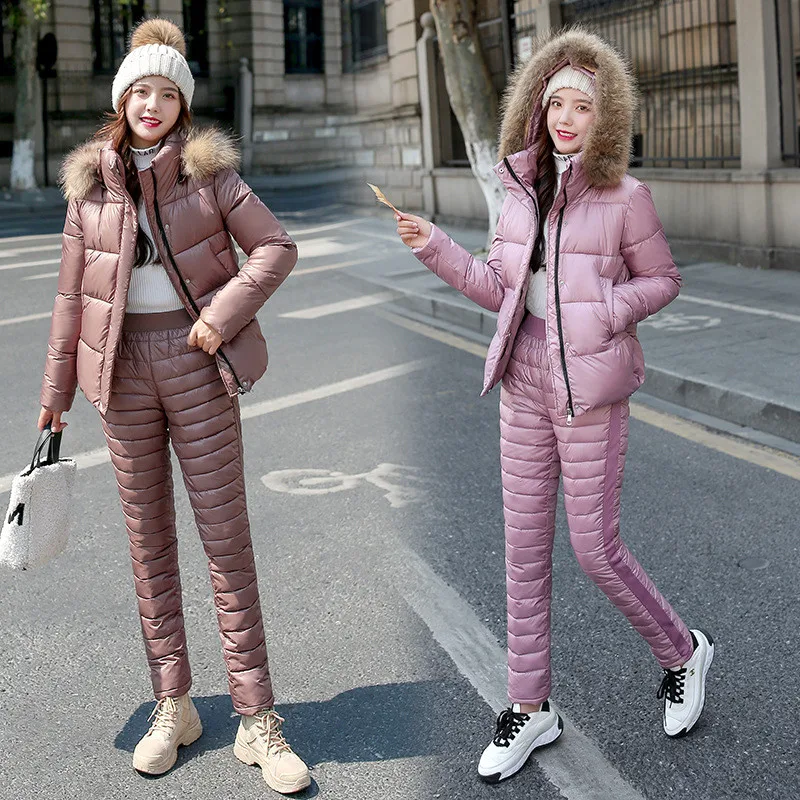 2021Winter Women Cotton-Padded Down Hooded Parka Glossy Warm Coat Jacket Cotton Trousers Suits Female Two Piece Casual Pants Set