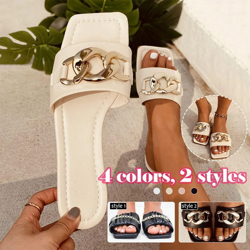 

2021 Women Flat Slippers Ladies Slip On PU Leather Chain Beach Shoes Summer Woman Casual Pleated Slipper Female Fashion Footwear