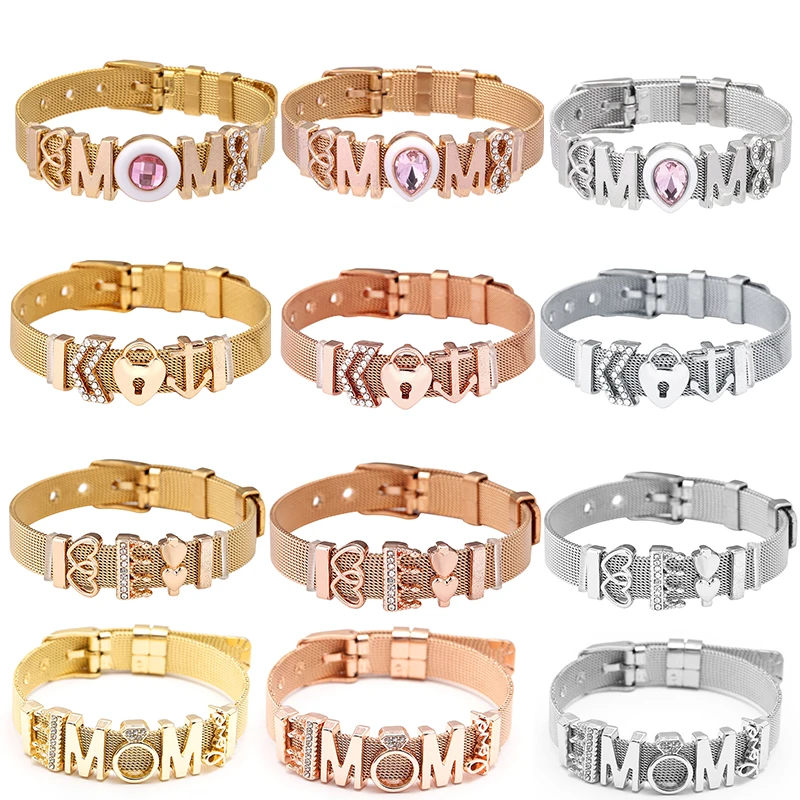 

BAOPON Endless LOVE MOM Slide Charm Mesh Bracelets Set Child Keeper Bracelets Bangles Stianless Steel For Woman Mother Gift