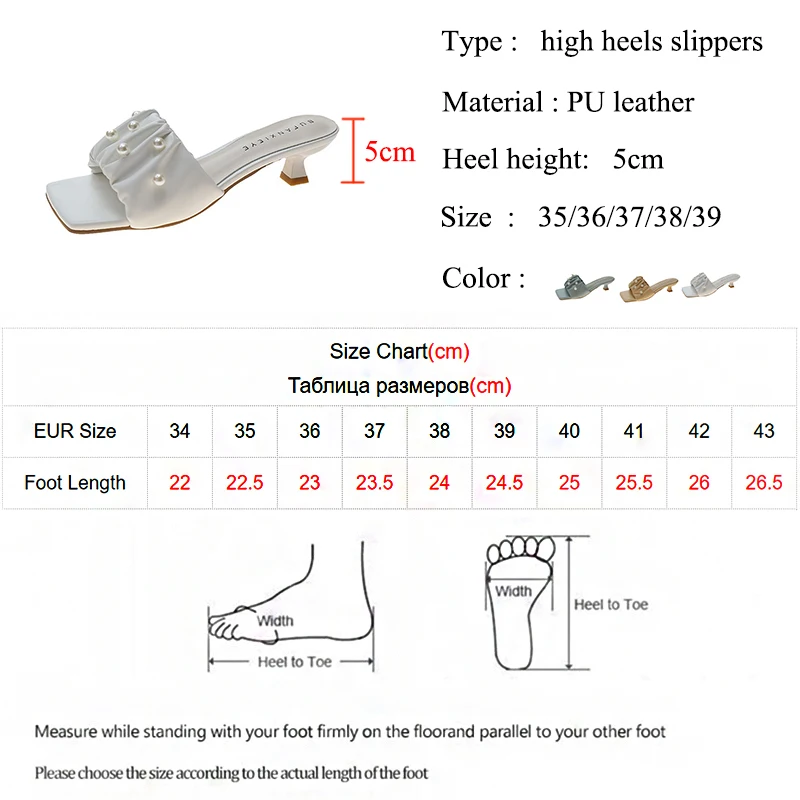 

Rimocy Summer Pearl Square Toe Ladies Slides Casual Thin Heels Women Slippers PU Leather Pleated Outdoor Beach Sandals Woman
