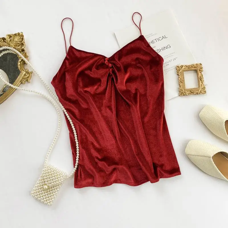 Осенняя Женская кружевная Вельветовая Облегающая майка на пуговицах