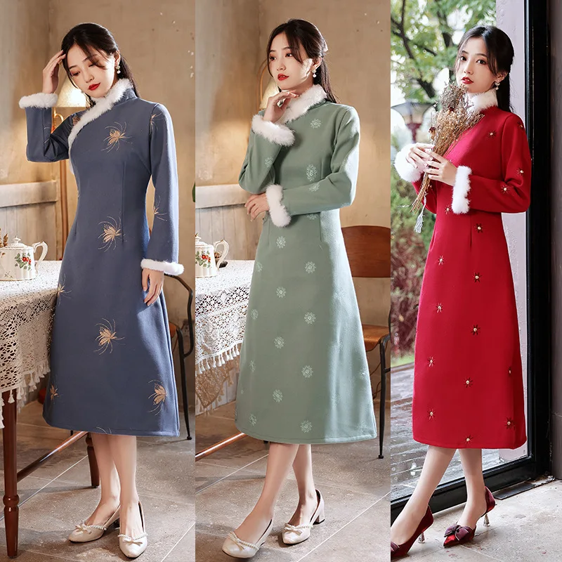 

Зима 2021, новое теплое и удобное платье-Ципао с плюшевым воротником, триколор