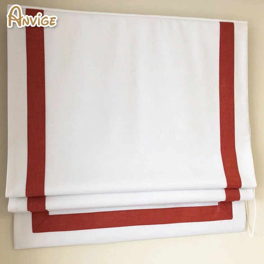 

Modern White With Red Border Trims Flat Roman Shades Customized Roman Blinds With Installation Included