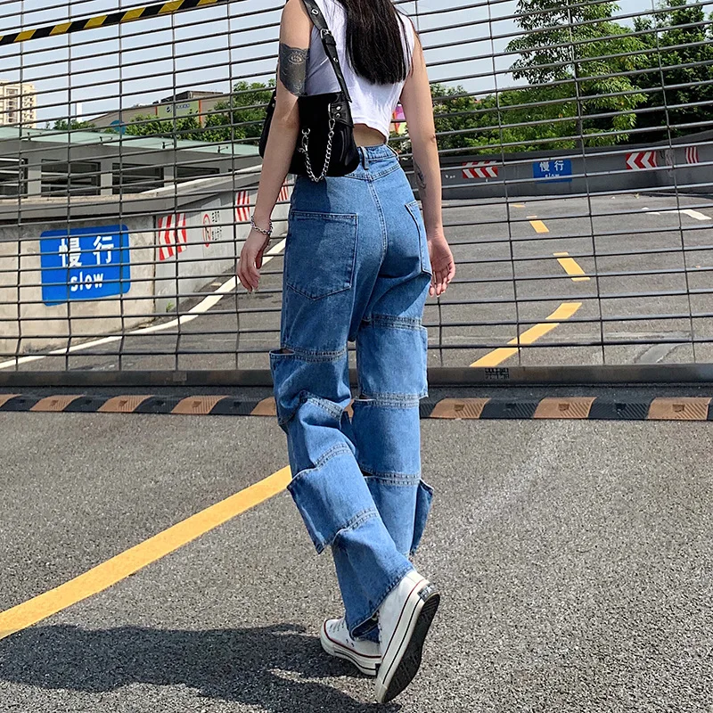 

2020 New Arrivals Woman Autumn Winter High Waist Ladies Jeans Hollow Out Blue Solid High Waist Denim Loose Stright Pants
